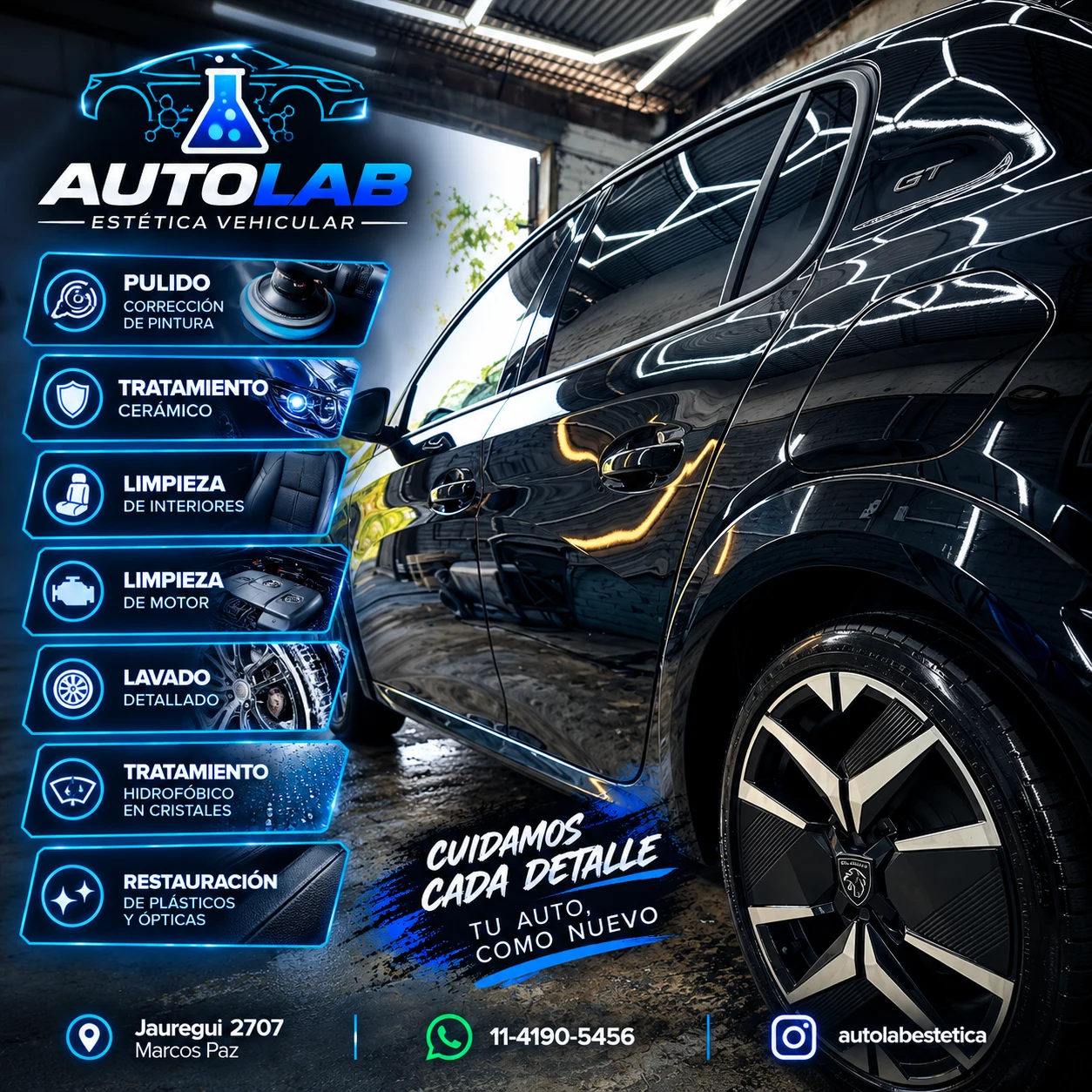 Servicios de Autolab: pulido, tratamiento cerámico, limpieza de interiores y motor, lavado detallado, cristales y plásticos